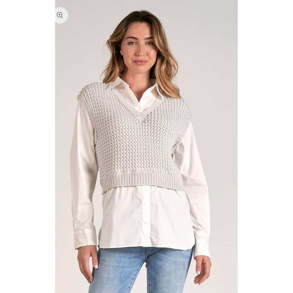 Elan  Nine Sweater Shirt Women M Gray Mixed Media V-Neck Layered SW11154
